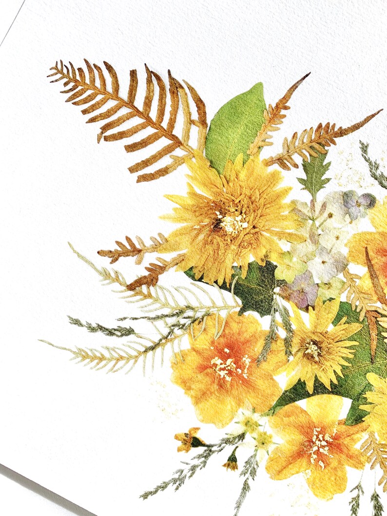 Pu&ograve; includere: Primo piano di una composizione floreale con fiori gialli pressati, foglie verdi e felci marroni. La composizione &egrave; ambientata su uno sfondo bianco, evidenziando i colori e le trame naturali dei botanici essiccati. La composizione &egrave; dettagliata.