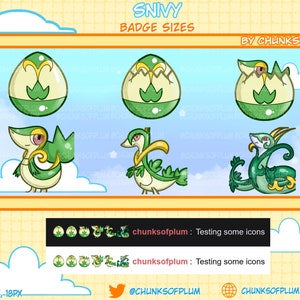 May include: A digital art graphic featuring Snivy badge sizes. The image includes six Snivy illustrations in various forms, from egg to evolved form, with green and yellow color schemes. Text includes "SNIVY BADGE SIZES" and "BY CHUNKSOFPLUM".