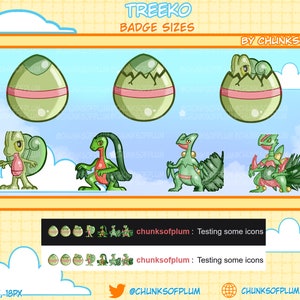 Pode incluir: Uma ilustração digital de um Pokémon do tipo lagarto verde chamado Treeko em várias poses e tamanhos. O personagem é mostrado em sua forma de ovo, como um lagarto pequeno e como um lagarto maior com uma cauda frondosa. A imagem inclui o texto "TREEKO BADGE SIZES BY CHUNKSOFPLUM".