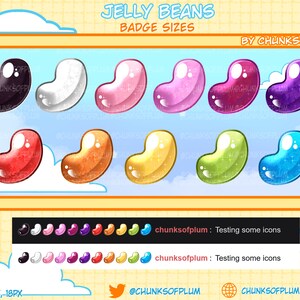 May include: A set of 10 jelly bean icons in various colors, including black, white, pink, red, orange, yellow, green, blue, purple, and light blue. The icons are arranged in two rows of five, with the text "JELLY BEANS BADGE SIZES BY CHUNKSOFPLUM" at the top. The text "chunksofplum: Testing some icons" appears twice at the bottom of the image.