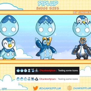 May include: Piplup, a blue penguin-like Pokemon, is shown in various stages of evolution. The image includes text that reads "Piplup Badge Sizes" and "By Chunksofplum".