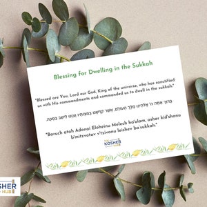 May include: A rectangular white card featuring the green text Blessing for Dwelling in the Sukkah, followed by the prayer in English, Hebrew, and transliterated Hebrew. The bottom includes a small logo and a decorative border of yellow etrogs.