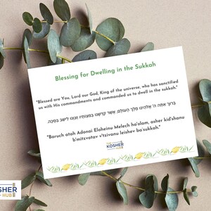 K&ouml;nnte beinhalten: Eine rechteckige wei&szlig;e Karte mit dem gr&uuml;nen Text Blessing for Dwelling in the Sukkah, gefolgt von dem Gebet auf Englisch, Hebr&auml;isch und in hebr&auml;ischer Transkription. Unten befinden sich ein kleines Logo und eine Bord&uuml;re aus gelben Etrogs.