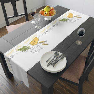 Shavuot Jewish Harvest Celebration Table Runner, Iconic Jewish decoration with Milk Jug wheat sheaf fruits and dairy, Modern Shavuot judaica