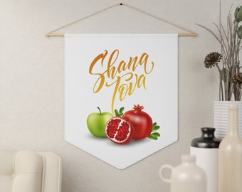 Shana Tova wall hanging with icons of Rosh Hashanah apple and pomegranate, for chag, for Jewish New Year, Rosh Hashanah decoration