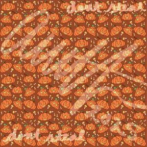 May include: A repeating pattern of smiling orange jack-o'-lanterns and candy corn on a brown background. The pumpkins have green stems and are smiling. The candy corn is white, yellow, and orange. The overall theme is Halloween.