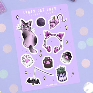 Folha louca da senhora etiqueta do gato | Conjunto de adesivos de brinquedos pastel de animais fofos de gatinho | Adesivos de planejador de diário de bala para laptop de vinil brilhante