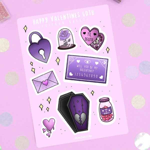 Happy Valentines Goth Sticker Sheet | Pastel Love Valentines Day Sticker Set | Vinyl Laptop Bullet Journal Planner Cute Love Pink Stickers