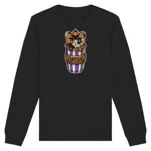 Könnte beinhalten: Schwarzer Pullover mit einem Aufdruck eines Katers in einer Tasse mit Kürbis-Latte. Der Text auf der Tasse lautet "Pumpkin Cat Latte".