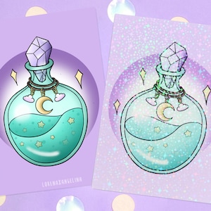 Dreamy Potion Art Print | Holographic Print | Poison Witchy Illustration | Pastel Moon Star Art Print | Holo Wall Art