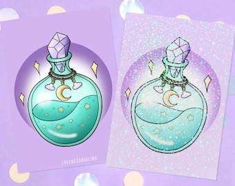 Dreamy Potion Art Print | Holographic Print | Poison Witchy Illustration | Pastel Moon Star Art Print | Holo Wall Art