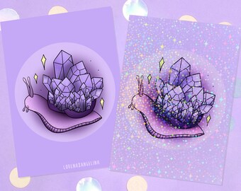 Crystal Snail Art Print | Holographic Print | Cute Witchy Illustration | Pastel Purple Animal Pet Snail Art Print | Holo Wall Art