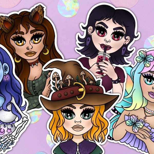 Fantasy Girls Stickers | Witchy Sticker | Ghost Sticker | Butterfly Fairy Sticker | Vampire Sticker | Werewolf Sticker | Laptop Stickers