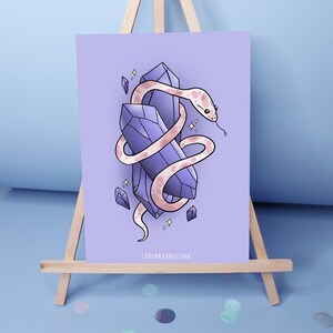 May include: A pink and white snake curled around two purple crystals on a light purple background. The crystals are surrounded by small yellow stars. The image is signed "LorenaXAngelina" at the bottom.