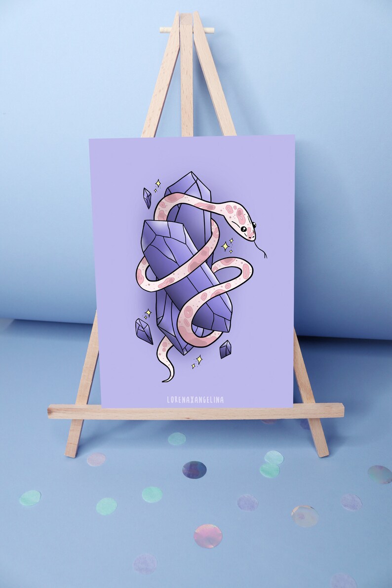 May include: A pink and white snake curled around two purple crystals on a light purple background. The crystals are surrounded by small yellow stars. The image is signed "LorenaXAngelina" at the bottom.