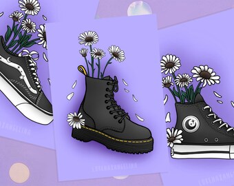 Flower Shoes Art Print | Boots Art Print | Flower Art Print | Pastel Purple Grunge Art Print | Doc Chucks Van Print Indie Flowers Art Print