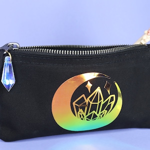 Witchy Moon Pencil Case | Holographic Cosmetic Bag | Witchy Pouch | Moon Crystal Makeup Bag | Black Make-up Case | Holo Witch Bag | Washbag