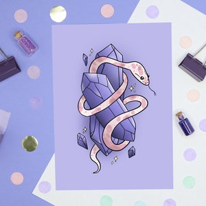 May include: A pink and white snake wrapped around two purple crystals. The crystals are on a light purple background with small white stars.