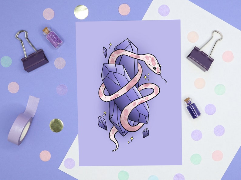 May include: A pink and white snake wrapped around two purple crystals. The crystals are on a light purple background with small white stars.