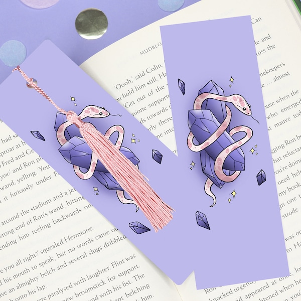 Crystal Snake Bookmark with Tassel | Cute Witchy Purple Pastel Bookmark | Adorable Kawaii Animal Stationery Book Lovers Gift Unique Present