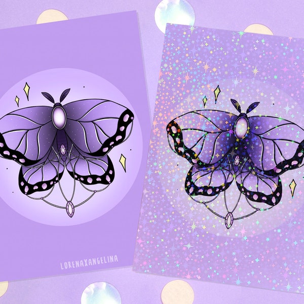 Purple Moth Art Print | Holographic Print | Cute Witchy Illustration | Pastel Purple Animal Pet Butterfly Art Print | Holo Wall Art