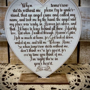 Heart Poem "When Tomorrow starts without me", Memorial gift, Prayers, Angels, Laser cut, Engraved, Shelf Sitter, Heaven