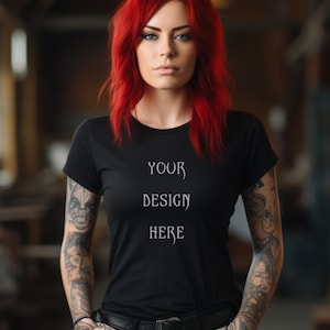 Rock Mockup, Goth Mockup, Gothic Mockup, Occult Mockup, Black shirt Mockup, Gildan5000 Mockup, Black Metal mockup, Redhead Mockup