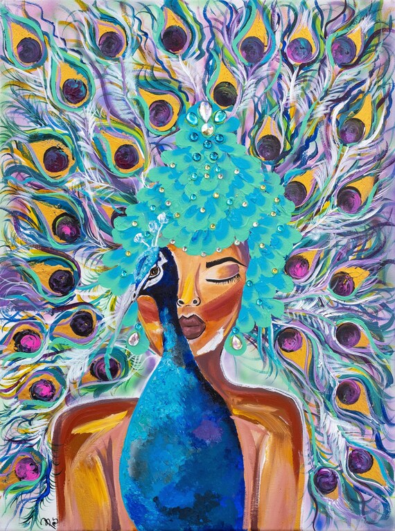 Blue Peacock Painting Woman of Color Peacock Feathers Etsy