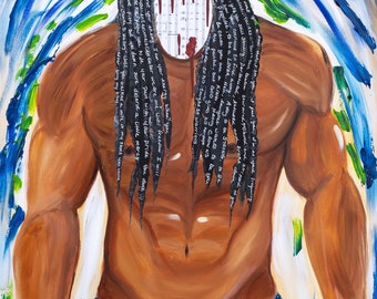 Painting black man, dreadlocks, jeans, music notes, Anthony Hamilton, abstract painting African American art