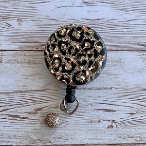 Leopard Print einziehbare Abzeichen Reel: Harz versiegelt, Gürtel oder Krokodilklemme