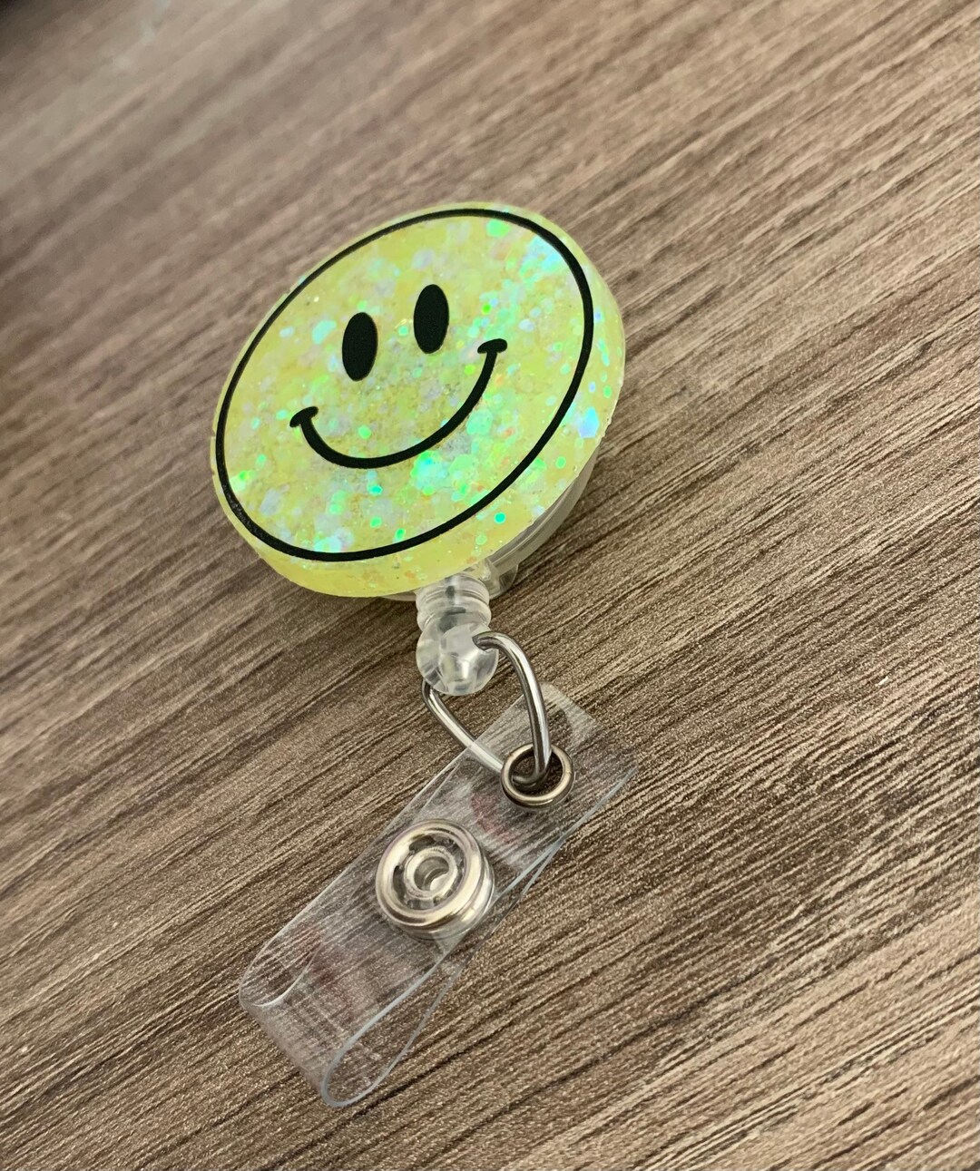Smiley Face Glitter Badge Reel Retractable Badge Yellow Etsy