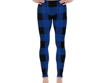 Men&#39;s Black and Blue Plaid Leggings - Spandex, Workout, gym, running, yoga, printed meggings, burning man, steampunk, urban, longjohn