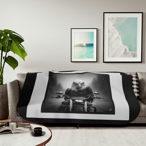 Artistic American Bald Eagle Motorcycle Sherpa Blanket - Unique Black and White Design on Plush Soft Sherpa Material