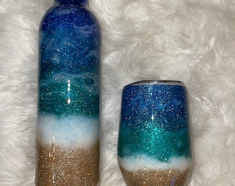 750 ML Bottle with matching 14oz wine tumbler. Glitter tumbler| Beach| Beach bottle| Beach wine tumbler| Custom tumbler| Custom bottle