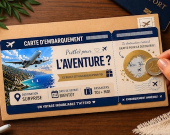 Carte à gratter .Billet d'embarquement personnalisable.Carte à gratter voyage.Carte à gratter surprise.Billet avion. Ticket d'embarquement