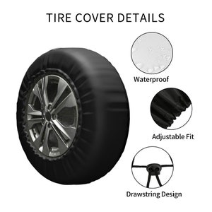 May include: Black tire cover with a drawstring design. The cover is waterproof and has an adjustable fit. The cover is shown on a tire with a silver rim.