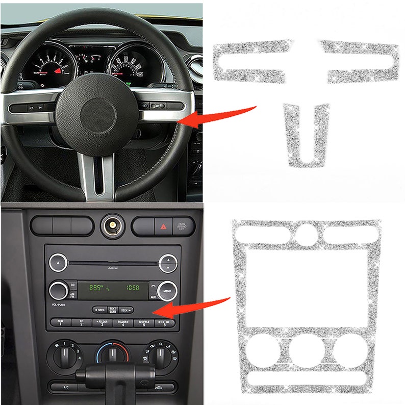 May include: Silver glitter car interior trim kit for a Ford Mustang. The kit includes trim pieces for the steering wheel, radio, and center console.