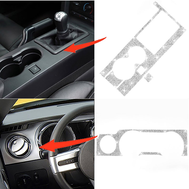 May include: A set of two silver glitter car interior trim pieces. The trim pieces are designed to fit the center console and dashboard of a Ford Mustang. The trim pieces are shown next to the corresponding areas on the car's interior.