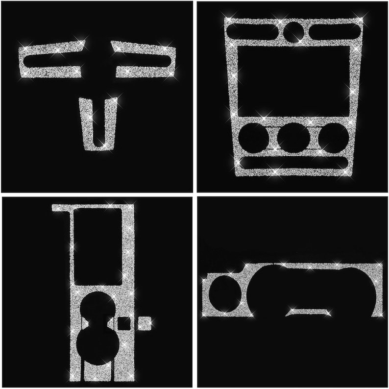 May include: Four silver glitter car interior trim pieces. The pieces are shaped like a steering wheel, a radio panel, a center console, and a dashboard.