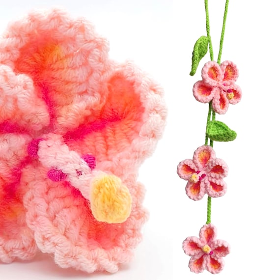 Crochet Hibiscus Car Charm: Pink Tropical Flower Rear View Mirror