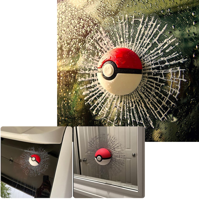 K&ouml;nnte beinhalten: Ein roter und wei&szlig;er Pokeball-Autoaufkleber mit einem Risseffekt. Der Aufkleber ist auf einer Autoscheibe angebracht.