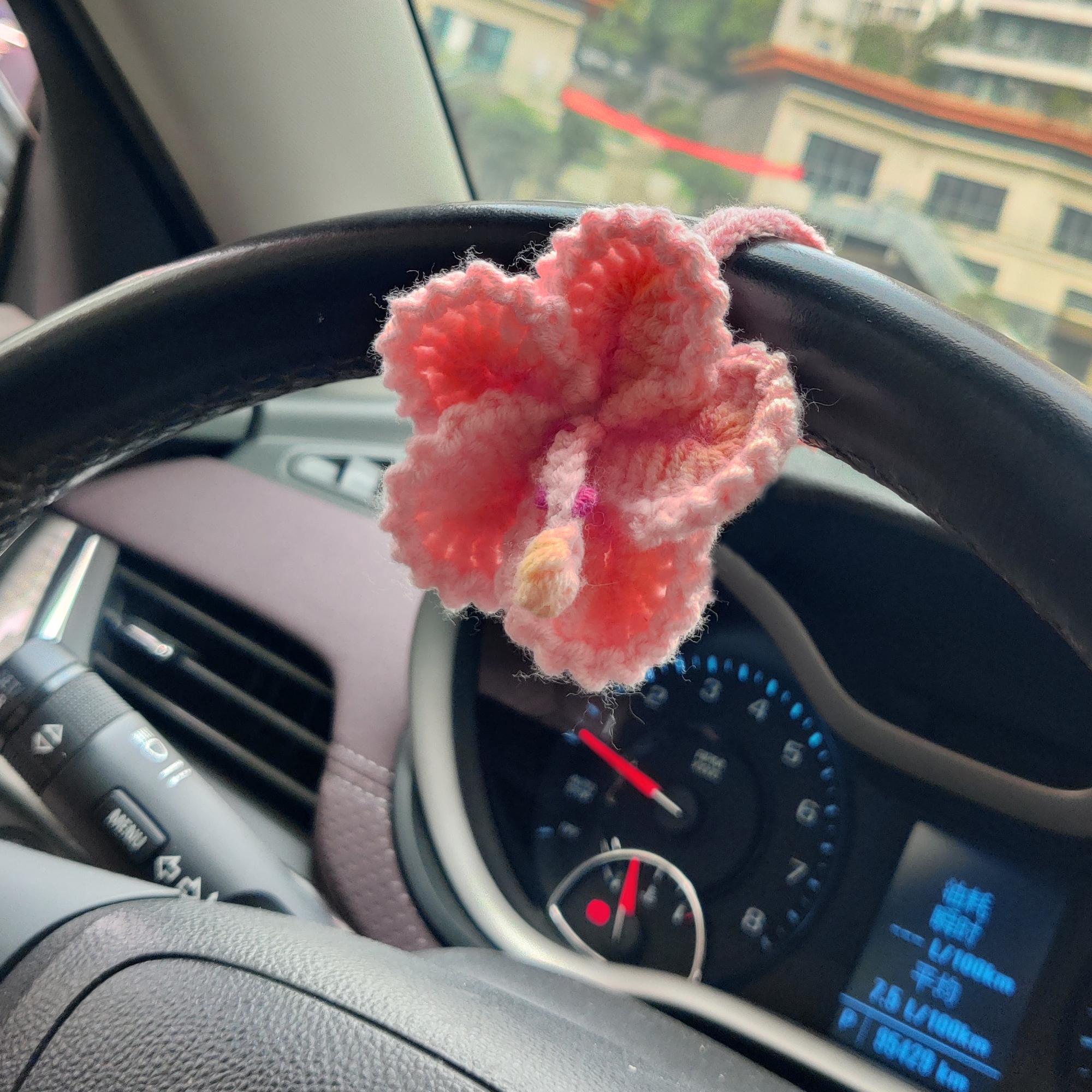 Crochet Hibiscus Car Charm: Pink Tropical Flower Rear View Mirror