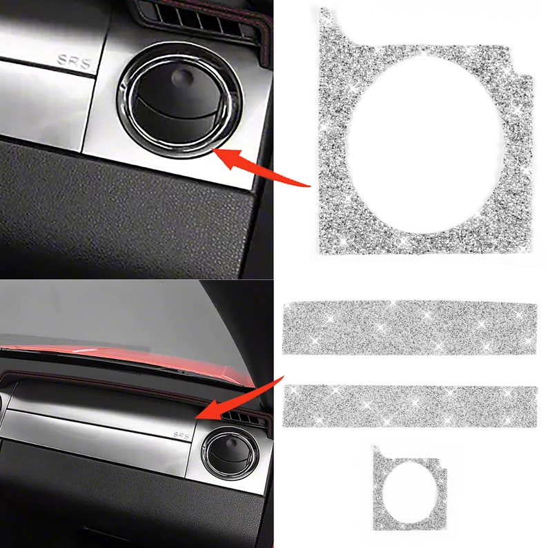 May include: A set of silver glitter car interior trim pieces. The set includes two long strips, a small square piece, and a larger round piece. The pieces are designed to be placed around the air vents and other areas of the car's interior.