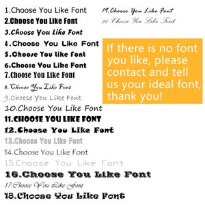 May include: A yellow background with black text that reads "If there is no font you like, please contact and tell us your ideal font, thank you!"  The text is surrounded by a list of numbers 1 through 20, each followed by the phrase "Choose You Like Font" in various fonts.