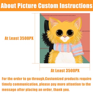 May include: A digital illustration of a cartoon cat wearing a pink and blue striped scarf. The cat is yellow with black eyes and a white chest. The background is a mix of green, pink, and brown. The text "At Least 3500PX" is written in orange on the left and right sides of the image. The text "About Picture Custom Instructions" is written in orange at the top of the image.