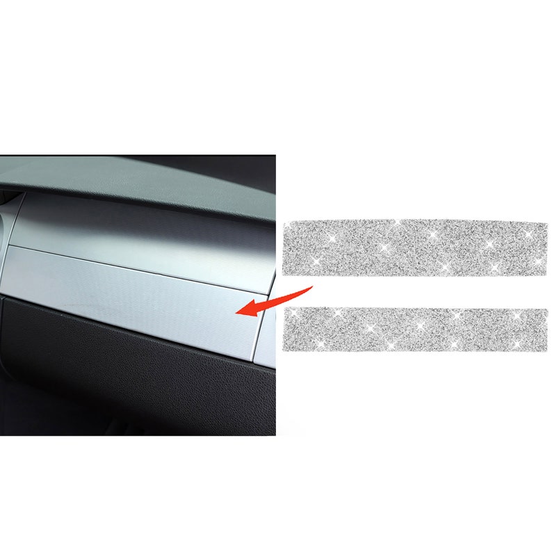 May include: Two silver glitter strips for car interior trim. The strips are shown next to a silver car dashboard trim piece.