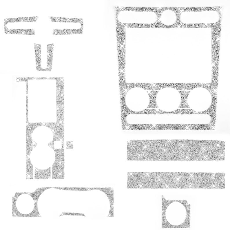 May include: A set of silver glitter car interior trim pieces. The set includes a large rectangular piece, two smaller rectangular pieces, a small round piece, and a piece shaped like a T.