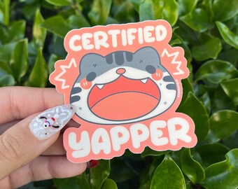 Certifierad Yapper söta vinylklistermärken | Söt katt grå tabby kawaii-klistermärke | Väderbeständig vattentät stansad vinylklistermärke