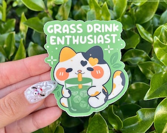 Grasdrank matcha-liefhebber schattige vinylsticker | Grappige sticker kawaii lapjeskat | Weerbestendige waterdichte stansvorm