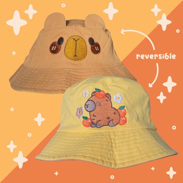 Capybara Reversible Bucket Hat | Cute Bucket Hat | Kawaii Embroidered Bucket Hat | Capybaras